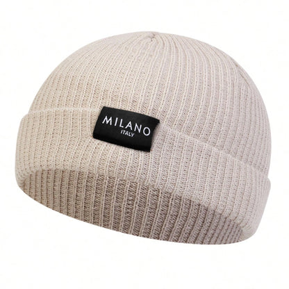 Minimalist Ribbed Polyester Knit Beanie with Woven Patch for Casual Streetwear Everyday Style