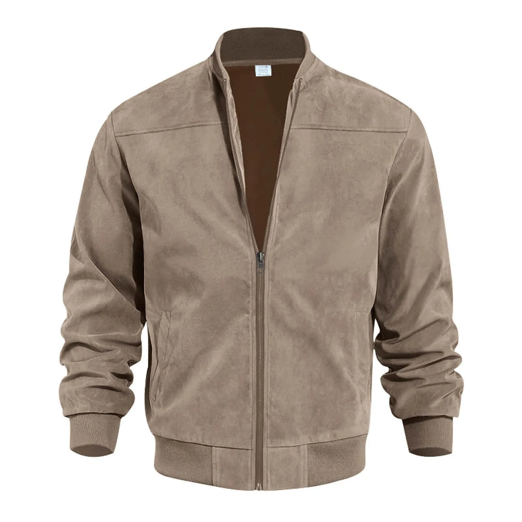 Men's Suede-Style Zip Bomber Jacket with Minimalist Streetwear Design