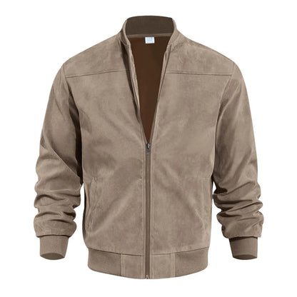 Men's Suede-Style Zip Bomber Jacket with Minimalist Streetwear Design
