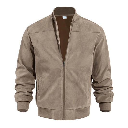 Men's Suede-Style Zip Bomber Jacket with Minimalist Streetwear Design