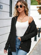 Women's Open Front Cable Knit Cardigan with Relaxed Long Sleeve Pocket Design