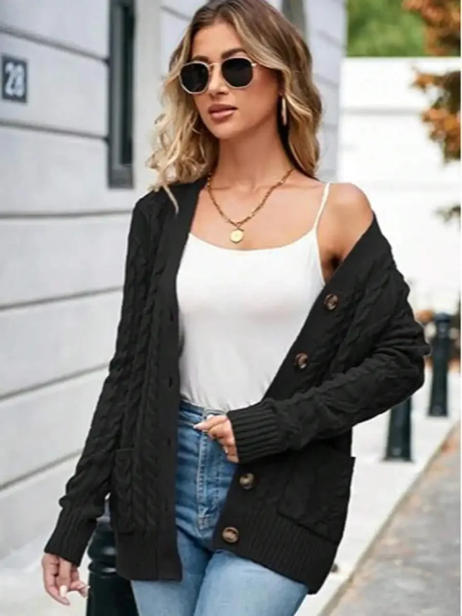 Women's Open Front Cable Knit Cardigan with Relaxed Long Sleeve Pocket Design
