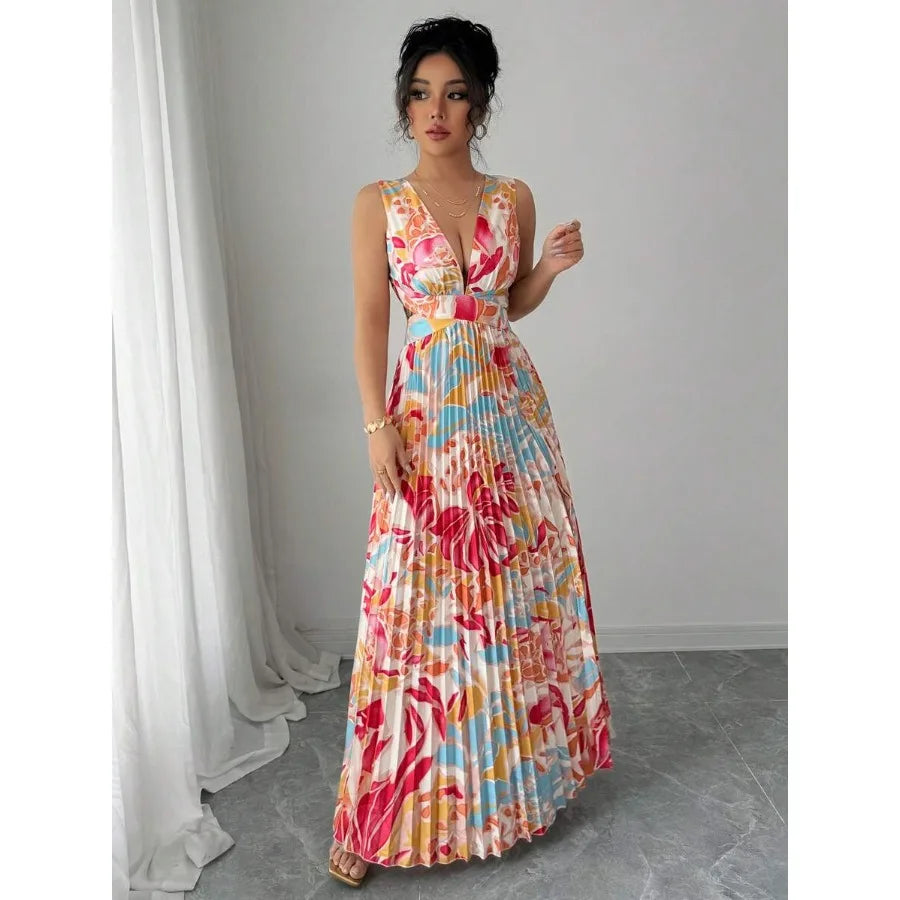 Vibrant Floral Pleated Maxi Dress with Deep V-Neck and Thigh-High Slit