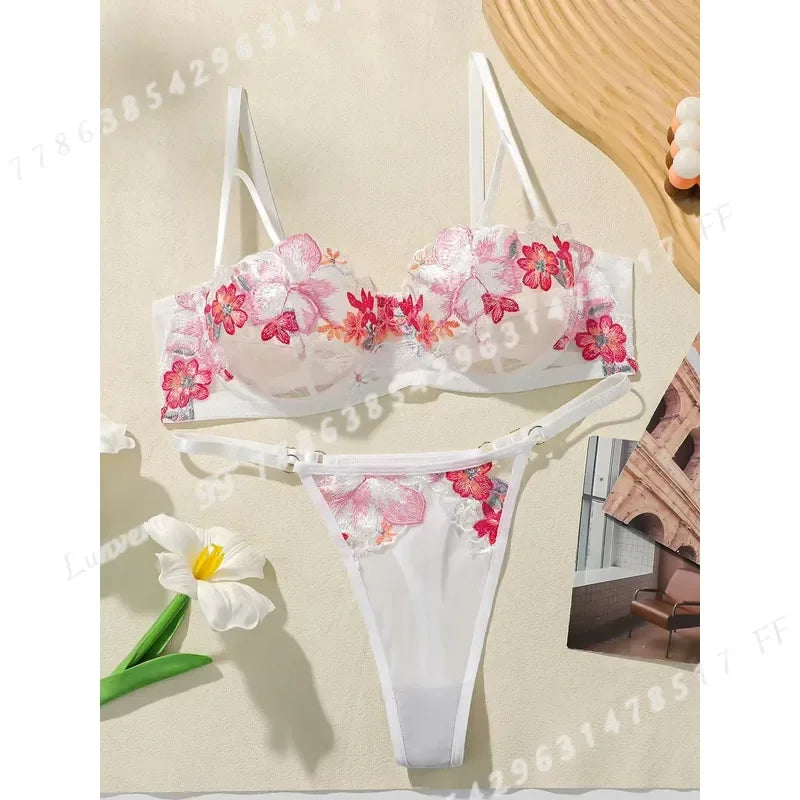 Vibrant Pink Floral Embroidered Sheer Mesh Underwire Bra and Thong Set