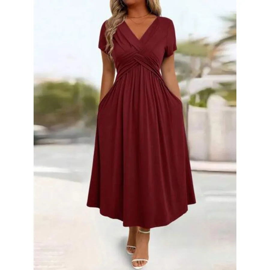Flowing V Neck Midi Dress With Soft Draped Silhouette