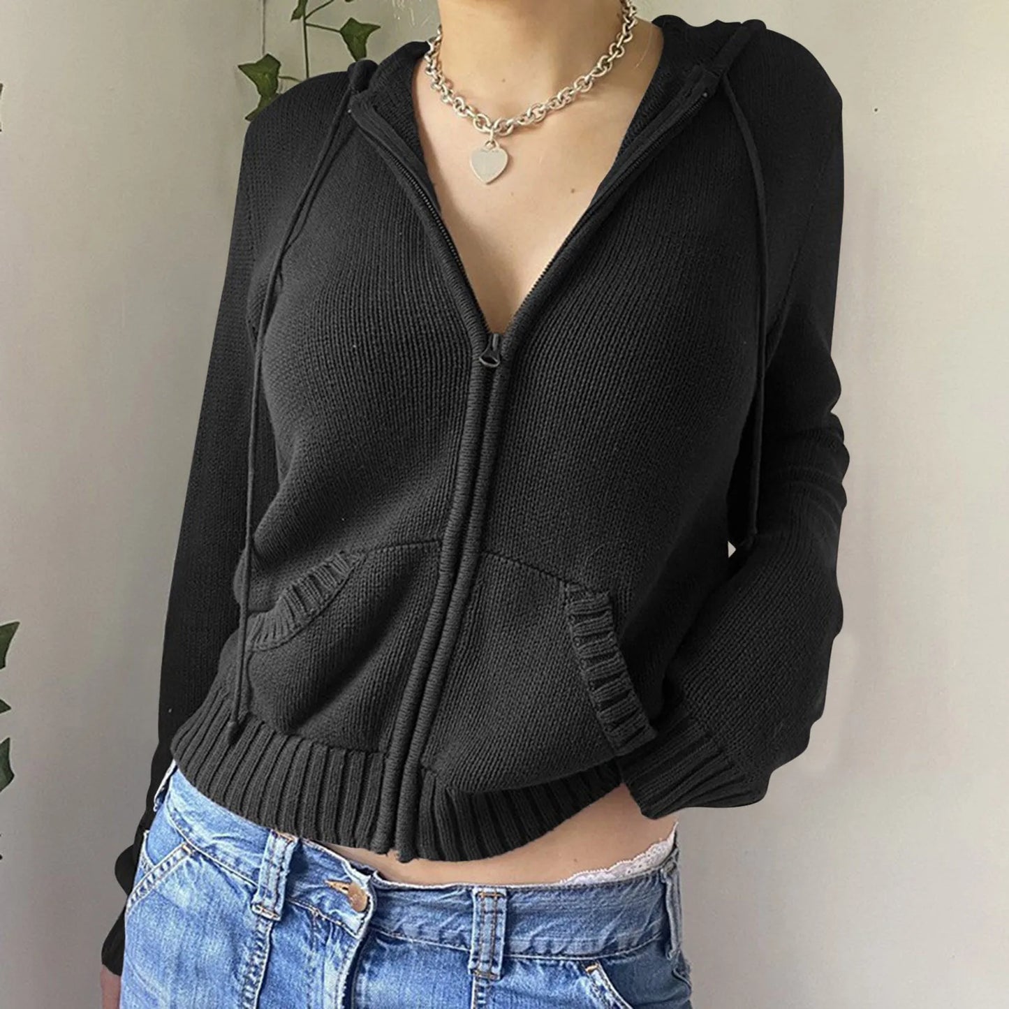 Women's Ribbed Zip-Up Cropped Hoodie with Relaxed Fit for Modern Casual Streetwear
