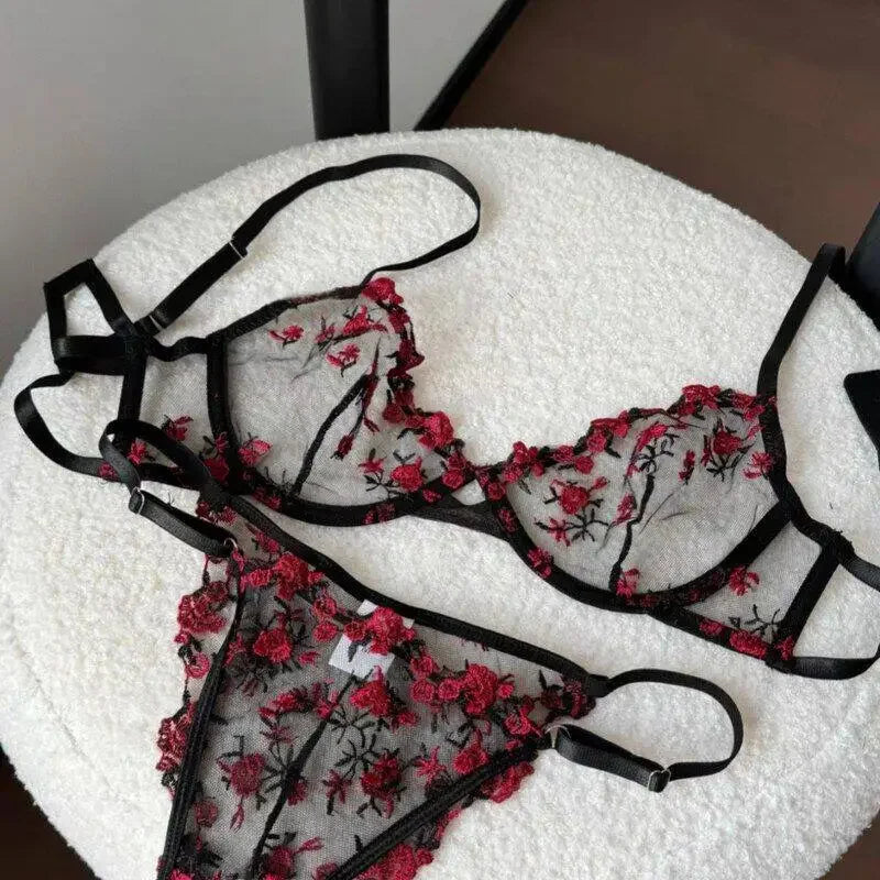 Sheer Black Mesh Lingerie Set with Delicate Blue Floral Embroidery and Underwire Support