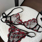 Sheer Black Mesh Lingerie Set with Delicate Blue Floral Embroidery and Underwire Support