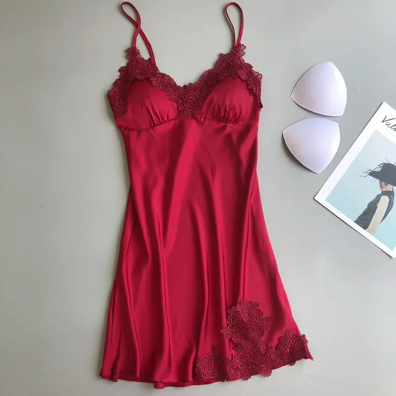 Women's Satin-Look Mini Nightgown with V-Neck and Lace Trim, Sleeveless Slip Dress, Delicate Summer Sleepwear