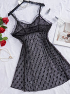 Semi-Sheer Polka Dot Mesh Babydoll Nightdress with Lace Splicing