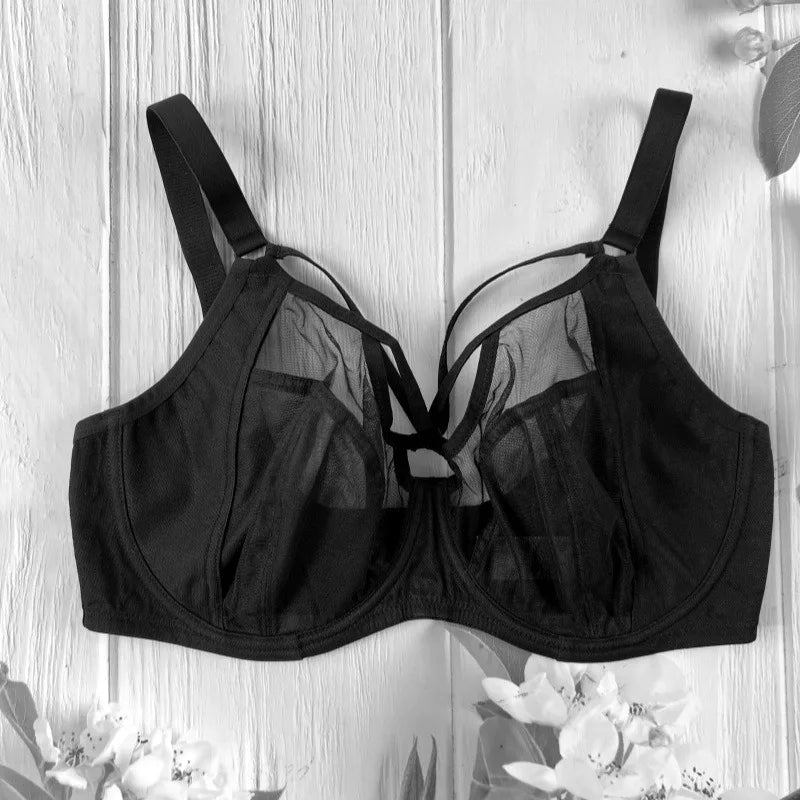 Elegant Sheer Mesh Underwire Minimizer Bra with Strappy Center Detailing
