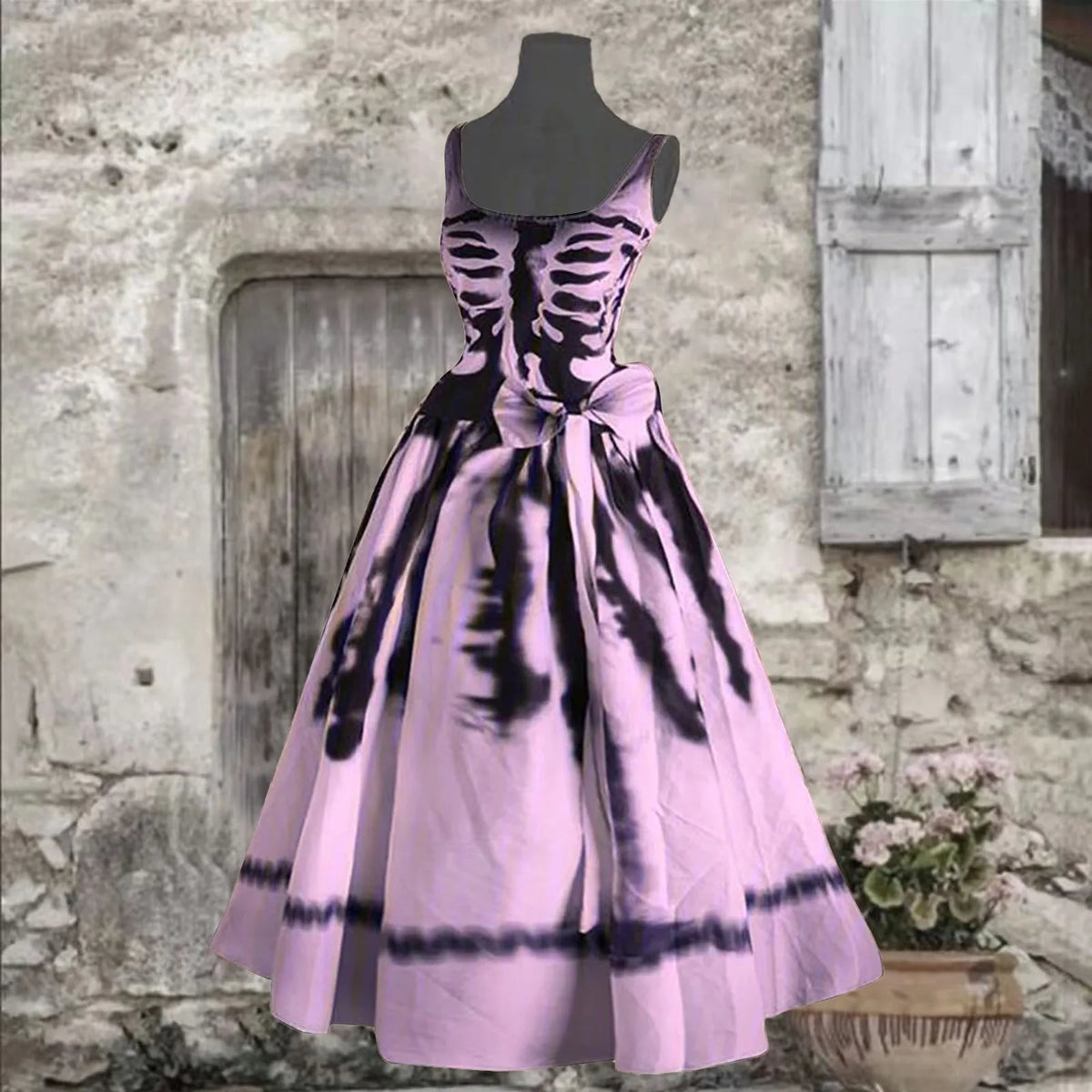 Halloween Skeleton Ribcage Print Flared Swing Dress with Waist Bow