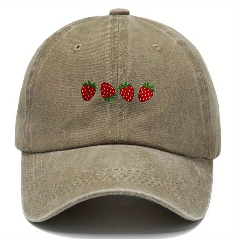 Vintage Washed Baseball Cap Embroidered Fruit Detail Curved Brim Casual Streetwear Hat
