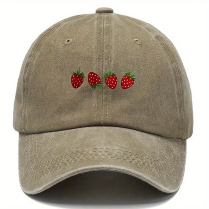 Vintage Washed Baseball Cap Embroidered Fruit Detail Curved Brim Casual Streetwear Hat