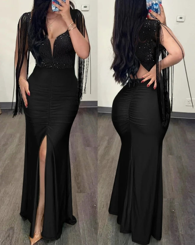 Ruched Sequin Evening Dress With Floor Length Silhouette And Slit