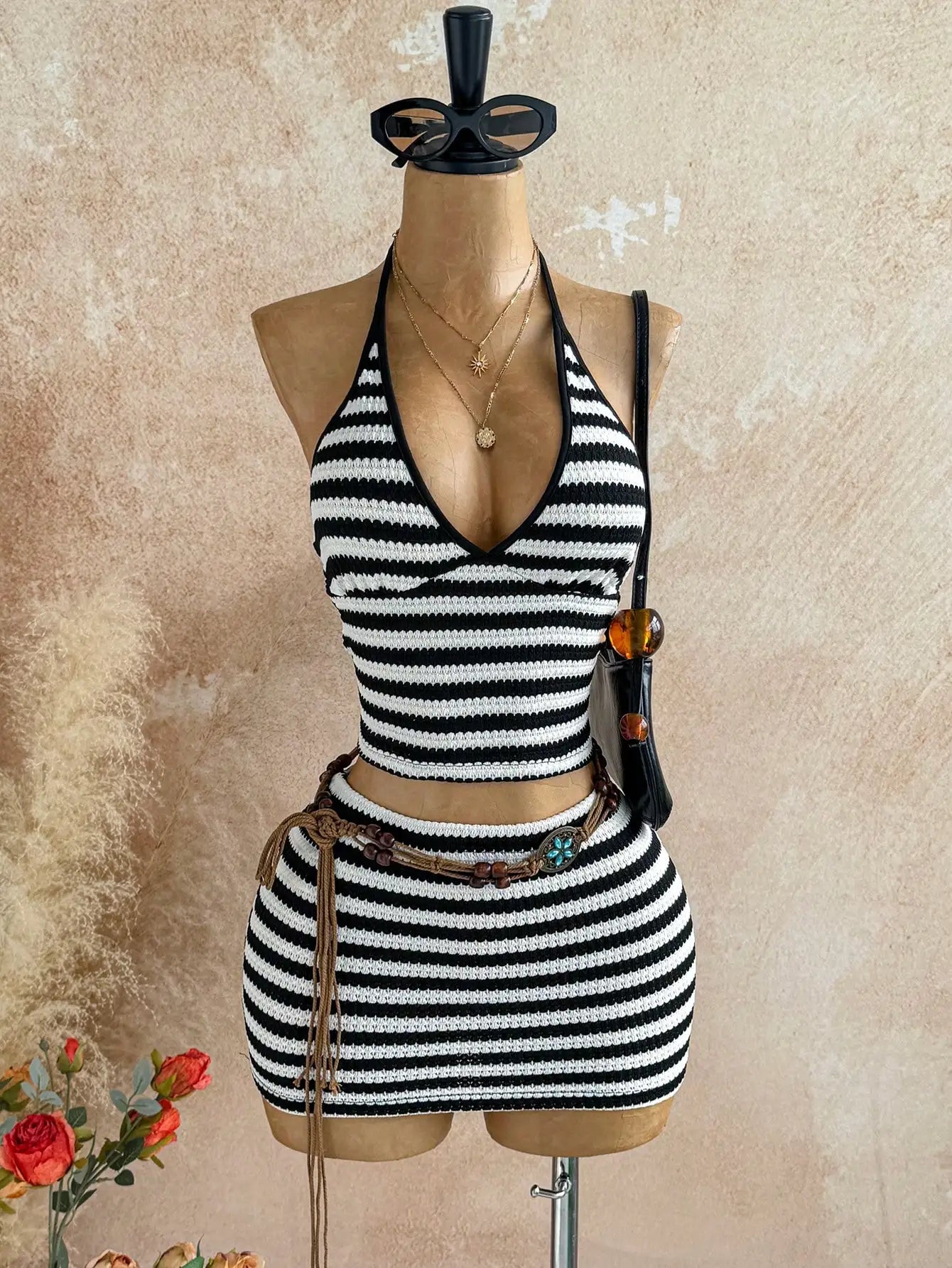 Striped Halter Crop Top and Mini Skirt Beach Co-Ord Set