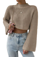 Women's Mock Neck Cropped Knit Sweater With Flared Sleeves