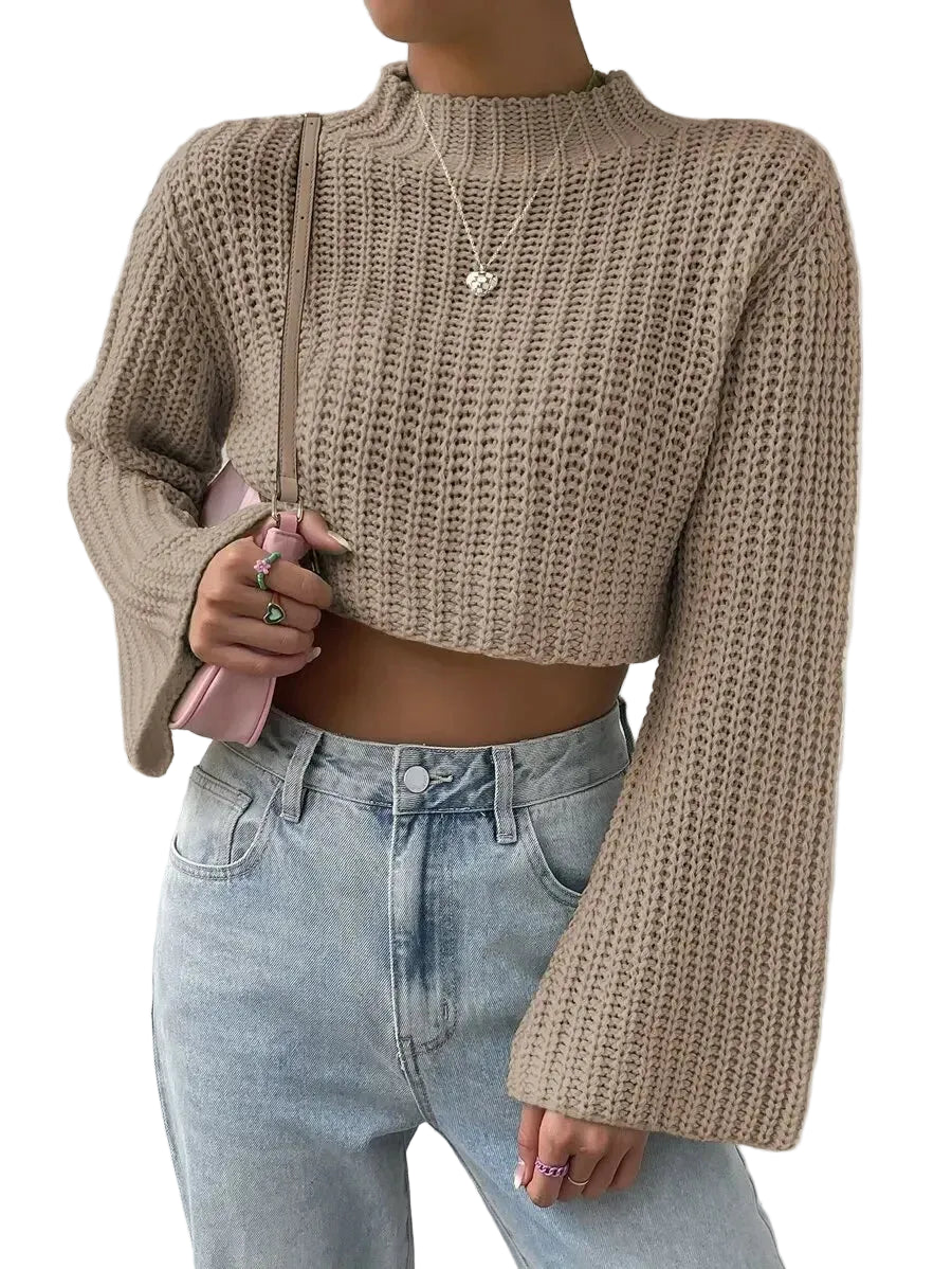 Women's Mock Neck Cropped Knit Sweater With Flared Sleeves