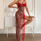 Bold Leopard Print and Red Lace Asymmetrical Maxi Dress with High Side Slit