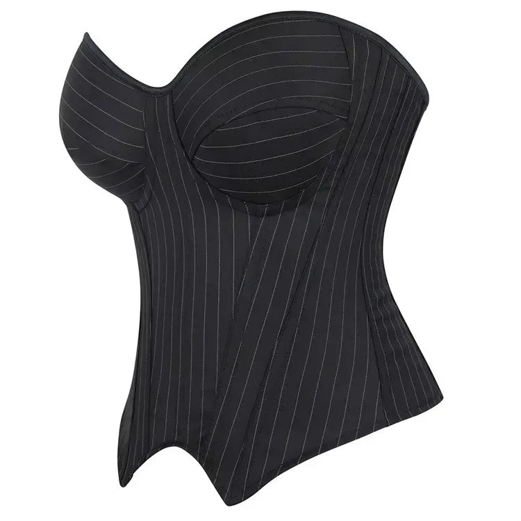 Tailored Black Pinstripe Overbust Corset with Structured Sweetheart Bodice