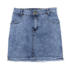 High Rise Distressed Edge Denim Mini Skirt With Clean Street Fit
