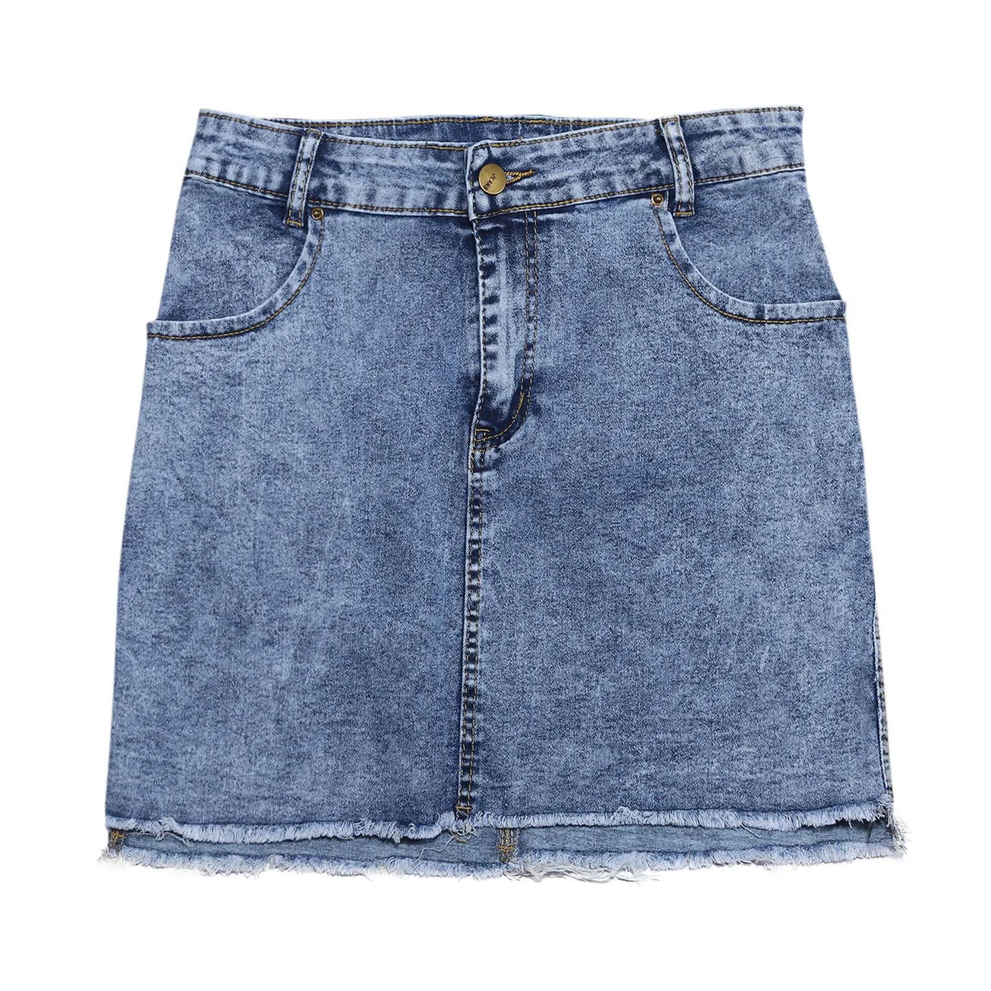 High Rise Distressed Edge Denim Mini Skirt With Clean Street Fit