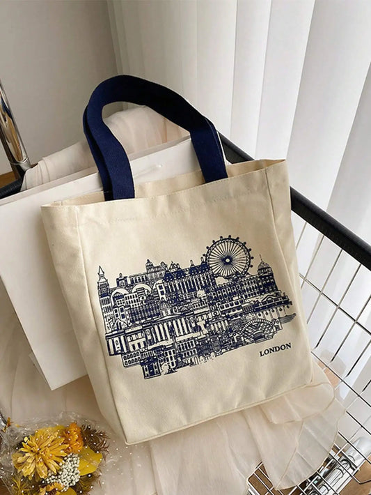 Graphic Artwork Canvas Shopper Tote with Double Handle Design