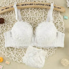Pastel Floral Lace Contoured Push-Up Bra and Ruffled Cheeky Panty Set with Satin Bow Accents