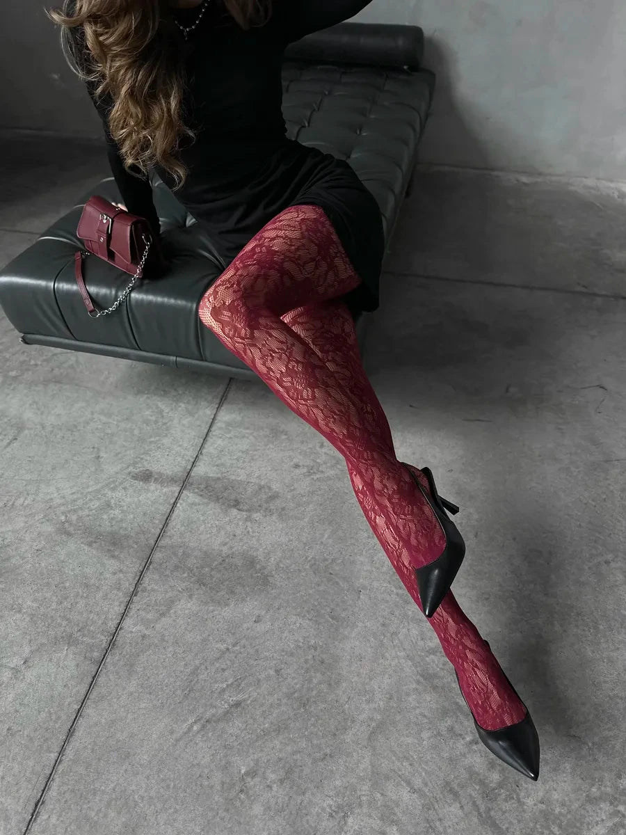 Floral Pattern Fishnet Tights Gothic Inspired Alternative Fashion Hosiery