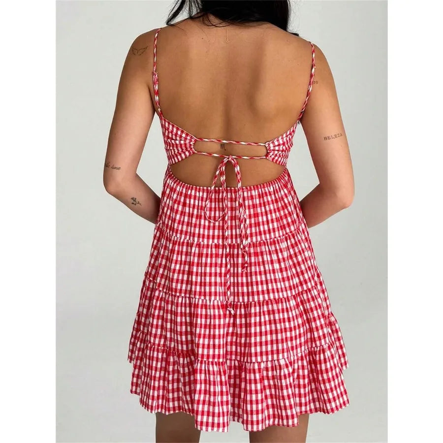 Y2K Inspired Gingham Spaghetti Strap Mini Dress With Flowy Swing Silhouette