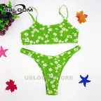 Vibrant Green Floral Underwire Bikini with Ruched Texture