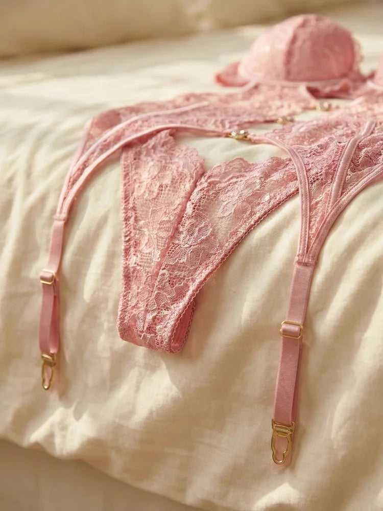 Romantic Blush Pink Lace Push-Up Bra and Garter Set
