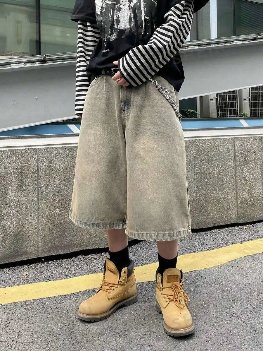 Men's Wide Leg Stonewashed Denim Shorts with Relaxed Knee Length Casual Streetwear Fit