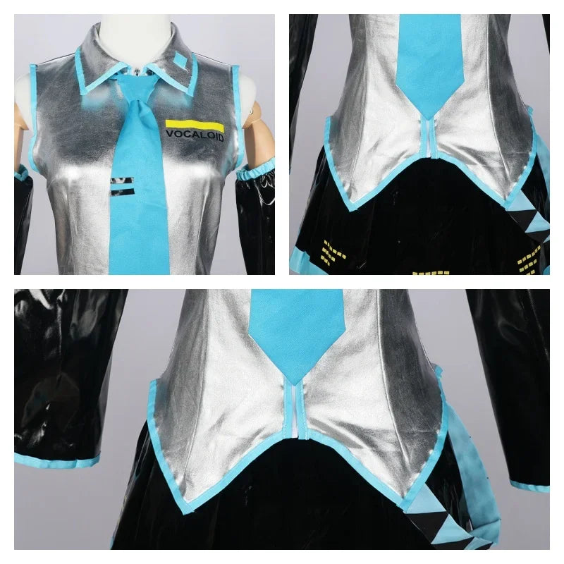 Metallic Silver and Black Futuristic Idol Uniform with Pleated Skirt and Blue Tie