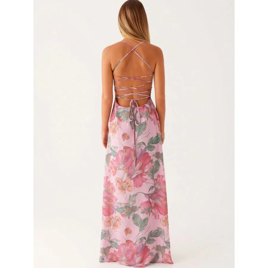 Floral Print Cami Maxi Dress With Straight Neck Silhouette