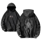 Anime-Inspired Spider Graphic Washed Hoodie with Dark Streetwear Aesthetic