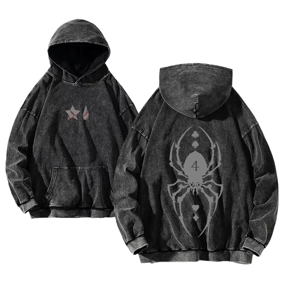 Anime-Inspired Spider Graphic Washed Hoodie with Dark Streetwear Aesthetic
