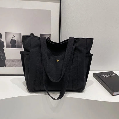 Large Capacity Canvas Tote Shoulder Bag with Multi Pocket Design