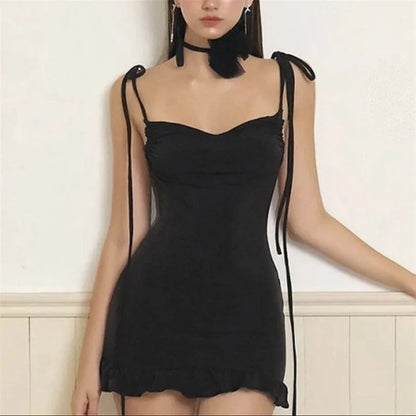 Backless Gothic Slip Dress with Minimal Anime Streetwear Silhouette