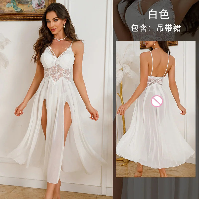 Ethereal White Lace Maxi Nightgown with Plunging Neckline and Dramatic Double-Slit Skirt