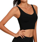 Longline Solid Black Sports Bra with Scoop Neckline and Medium Support