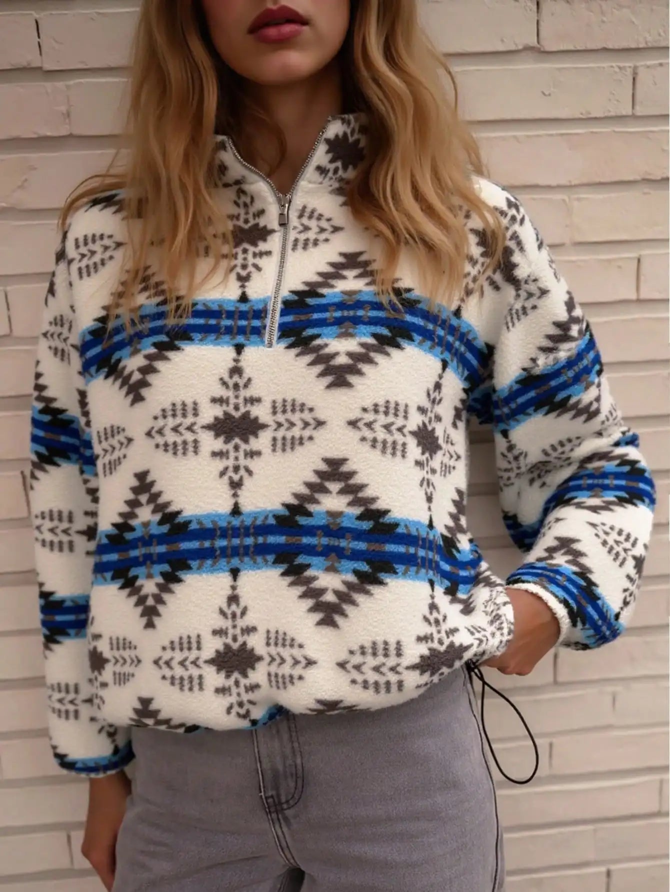 Women's Geometric Fleece Half-Zip Pullover with Relaxed Fit for Cozy Winter Style