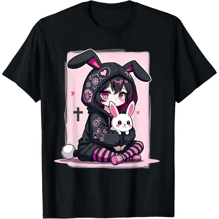 Kawaii Anime Goth Graphic Tee With Alternative Streetwear Bunny Artwork