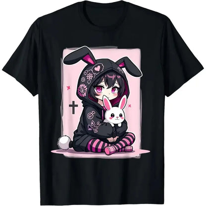 Kawaii Anime Goth Graphic Tee With Alternative Streetwear Bunny Artwork