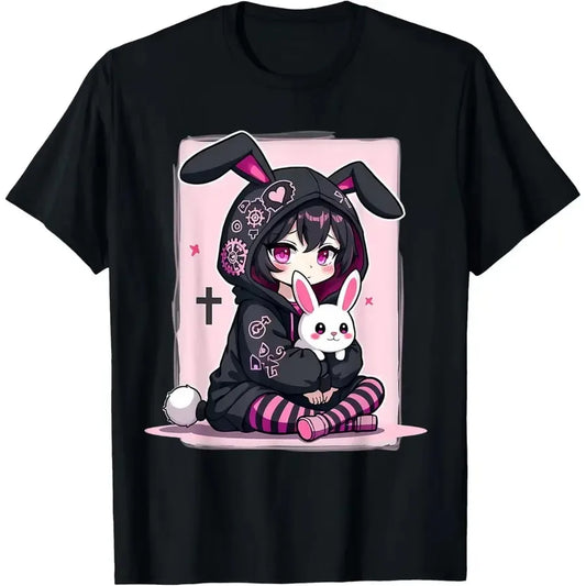 Kawaii Anime Goth Graphic Tee With Alternative Streetwear Bunny Artwork