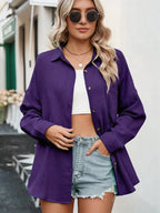 Relaxed Fit Deep Purple Button-Down Blouse with Chest Pocket and Classic Collar