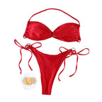 Rich Crimson Red Halter Bikini Set with Underwire Support and Side Ties
