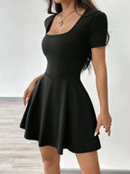Square Neck Short Sleeve A-Line Mini Dress with Flared Skater Silhouette