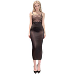 Sheer Black Mesh Bodycon Midi Dress with Floral Lace Bodice