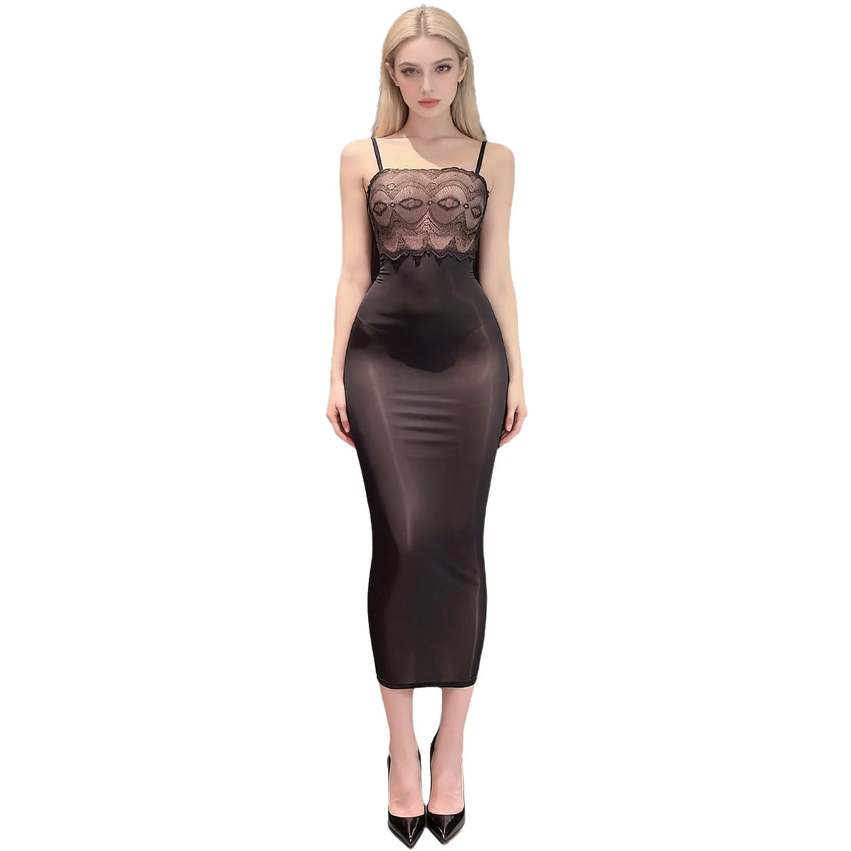 Sheer Black Mesh Bodycon Midi Dress with Floral Lace Bodice